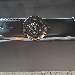 Versace Black Belt with Silver Medusa Emblem